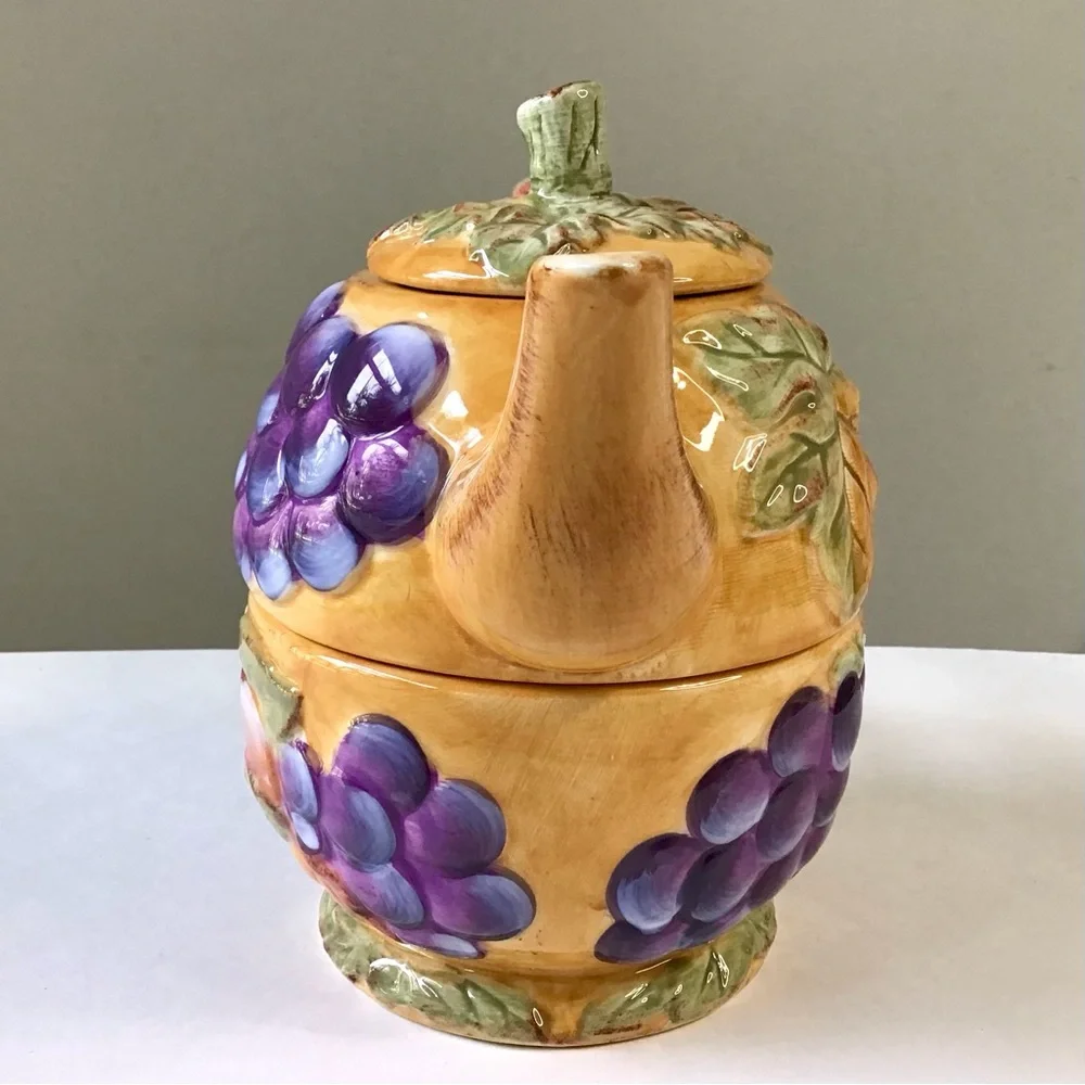 Vintage Gibson Tea For One Stacked Teapot & Cup Set Harvest Pantry Fruit Leaves